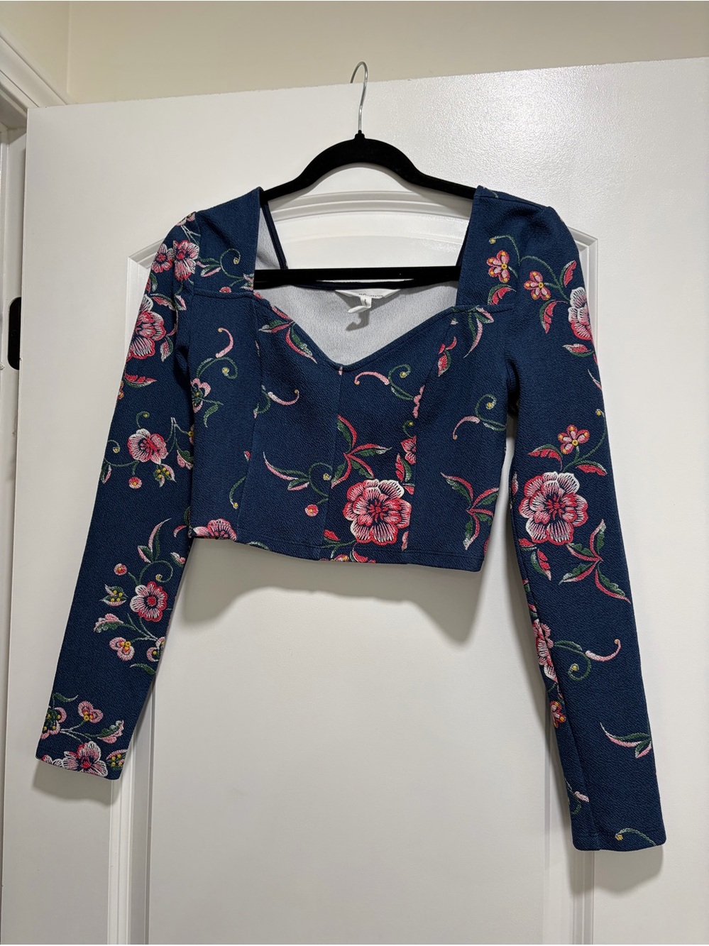 BCBGENERATION Floral Embroidered Long Sleeve Corset Crop Top.
